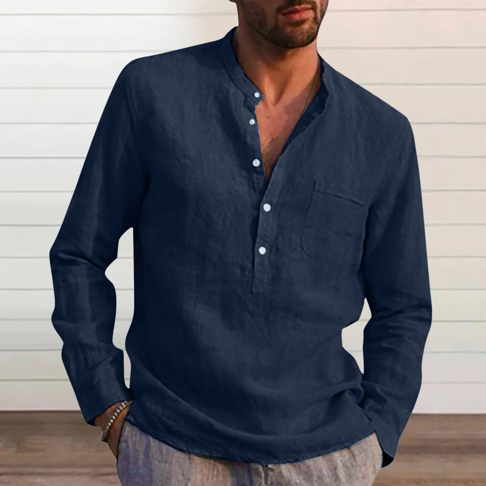 

Men's Casual Fashion Top Blouse Stand Collar Solid Shirt Long Sleeve Pocket Cotton Shirt Button Loose Tops Basic Top slim fit
