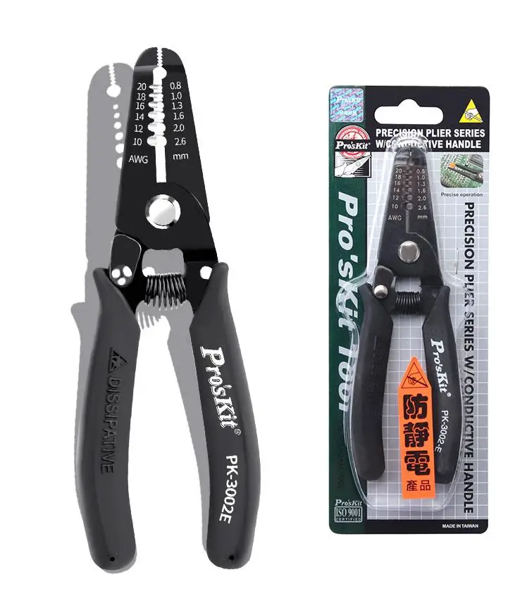 Pro'skit-Anti-Static Electronic Wire Stripping Pliers, Conductive Handle, Cutter Stripper, Cutting Tool, 1PK-3002E paron 6 hole multifunctional wire stripper fine grinding stripping shearing type wire clamping pliers double layer two color comfortable handle wire cutting pliers awg20 10 0 8 2 6mm² jx 1143 a