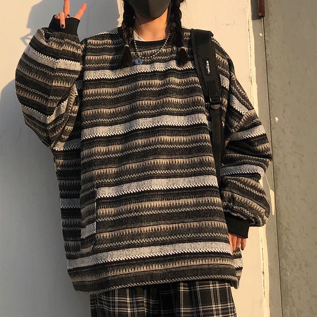Women Vintage Striped Sweaters Autumn Long Sleeve Oversize Knit Sweater Hip  Hop Ulzzang Bf Unisex Couples Winter Pullovers Tops - Pullovers - AliExpress