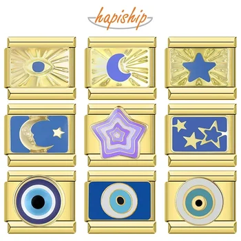 Hapiship Drop Shipping 2024 Moon Star Eye Golden Italian Charm Links Fit 9mm Stainless Steel Bracelet Wholesale Jewelry DJ1373-A 1