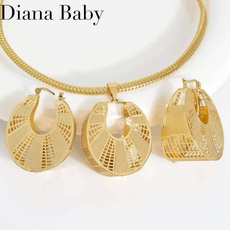 

Luxury 18K Gold Plated Dubai Jewelry Set For Women Hollow Out Drop Earrings Choker Collar Necklace Wedding Party Jewellery Gift