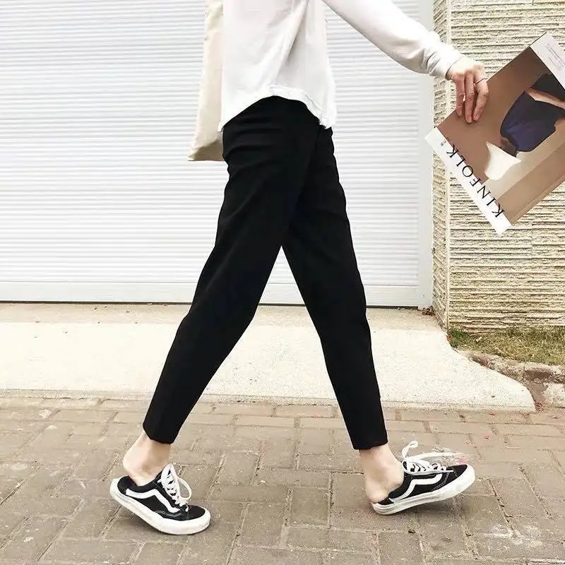 Women's Autumn Winter Solid High Waist Pocket Button Zipper Small Foot Straight Leg Casual Trousers Fashion Office Lady Pants