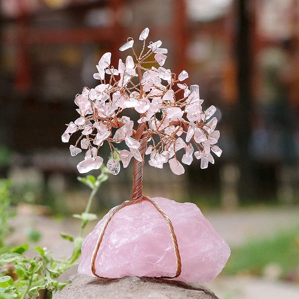 

Розовый кварц, Исцеляющие кристаллы, медное дерево для денег, настольное украшение, завернутое в натуральную розовую кварцевую основу, фигурка фэн-шуй на удачу