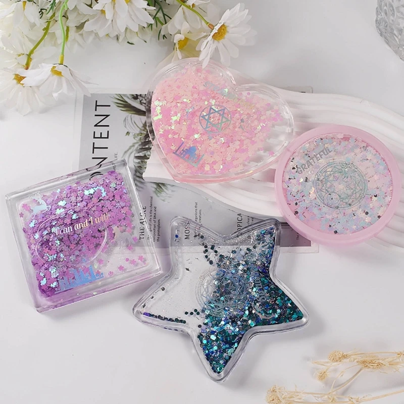 

Y1UE Resin Shaker Molds Square Heart Round-Star Silicone Mold Cup Mat Epoxy Molds Handmade Frame Mold DIY