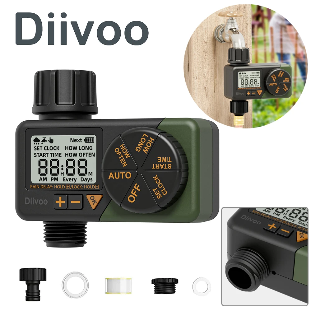 

Diivoo Garden Water Sprinkler Timer, Large Screen Display Irrigation Controller, Automatic Irrigation Equipment with Rain Delay