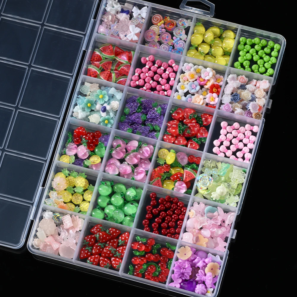 1 Box Harz bunte Obst/Blume Nail Art Charms Set süße Pfirsich, Erdbeere, Kirsche, Schleife Blume Sommer Nagel Edelsteine Nail Art Dekoration – Detail 2