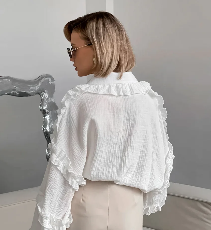 Camisas blancas holgadas con volantes para mujer, manga larga, elegantes, a la moda, otoño, lisas, informales, prendas de vestir exteriores, camisas para mujer, abrigos, novedad de verano