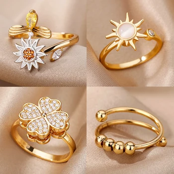 Anti-Stress Anxiety Rings for Women Gold Color Open Adjustable Rotating Ring Aesthetic Wedding Fashion Jewelry Gift