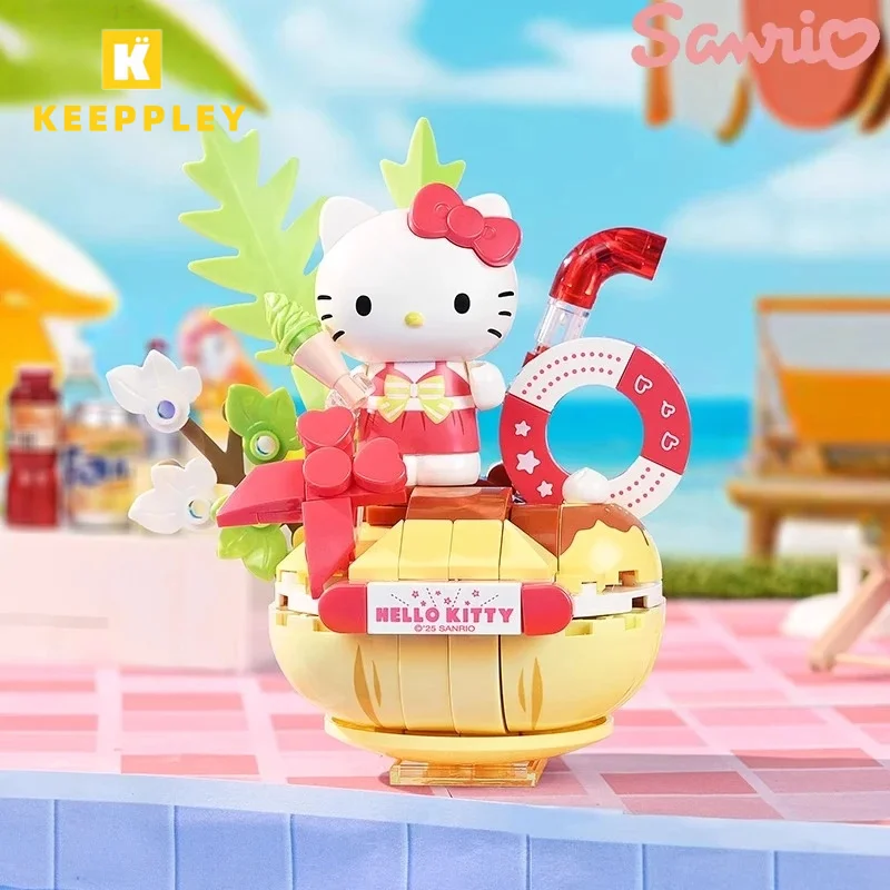 Keeppley Sanrio 빌딩 블록 여름 파티 헬로 키티 접합 장난감 Kuromi My Melody Pochacco 모델 장식품 선물
