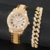 2PCS Fashion Diamond Women Watches Gold Watch Ladies Wrist Watches Luxury Rhinestone Womens Bracelet Watches Relogio Feminino 1