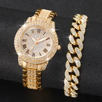 2PCS Fashion Diamond Women Watches Gold Watch Ladies Wrist Watches Luxury Rhinestone Womens Bracelet Watches Relogio Feminino 1