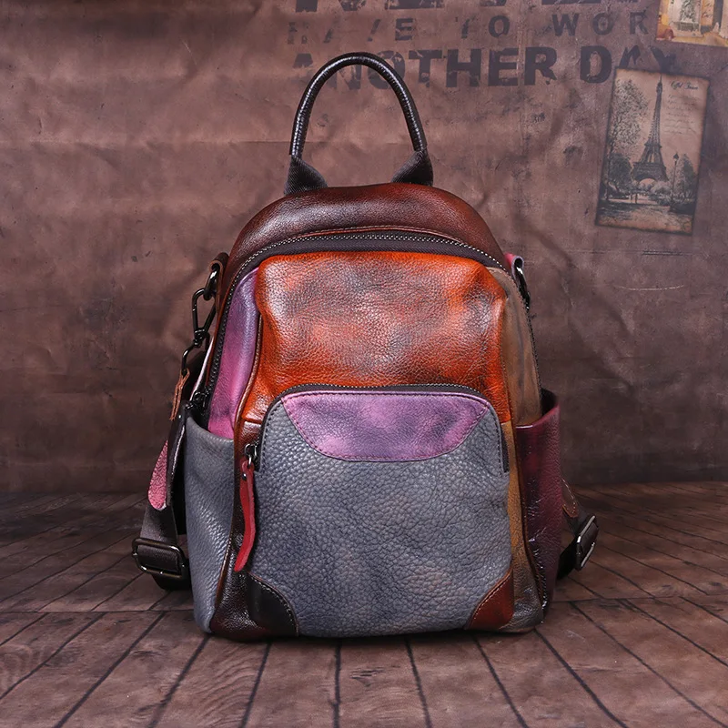 Genuine Leather Backpack women's color contrast hand-rubbed color bag outdoor leather backpack wholesale