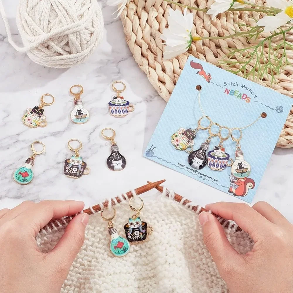 12 Pcs Cup Cat Stitch Markers, 6 Colors Alloy Enamel Cat Crochet Stitch Marker Charms Removable Locking