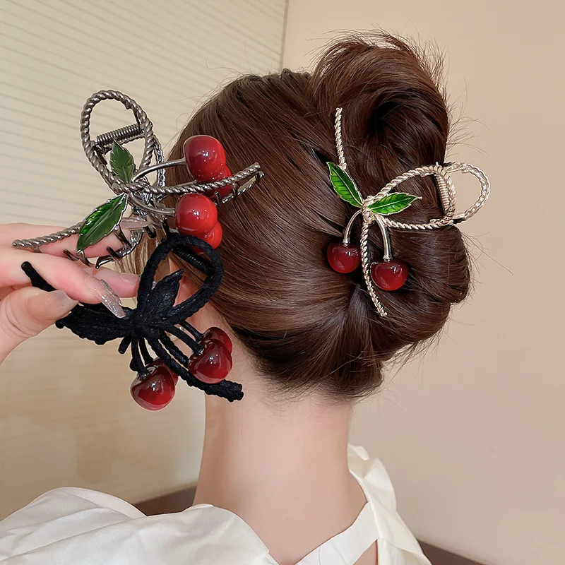 

Fashions Red Cherry Hair Clip Claw Clamp Women Girls Metals Shark Clip Ponytail Claw Clip Hairpin Hair Accessories Headwear