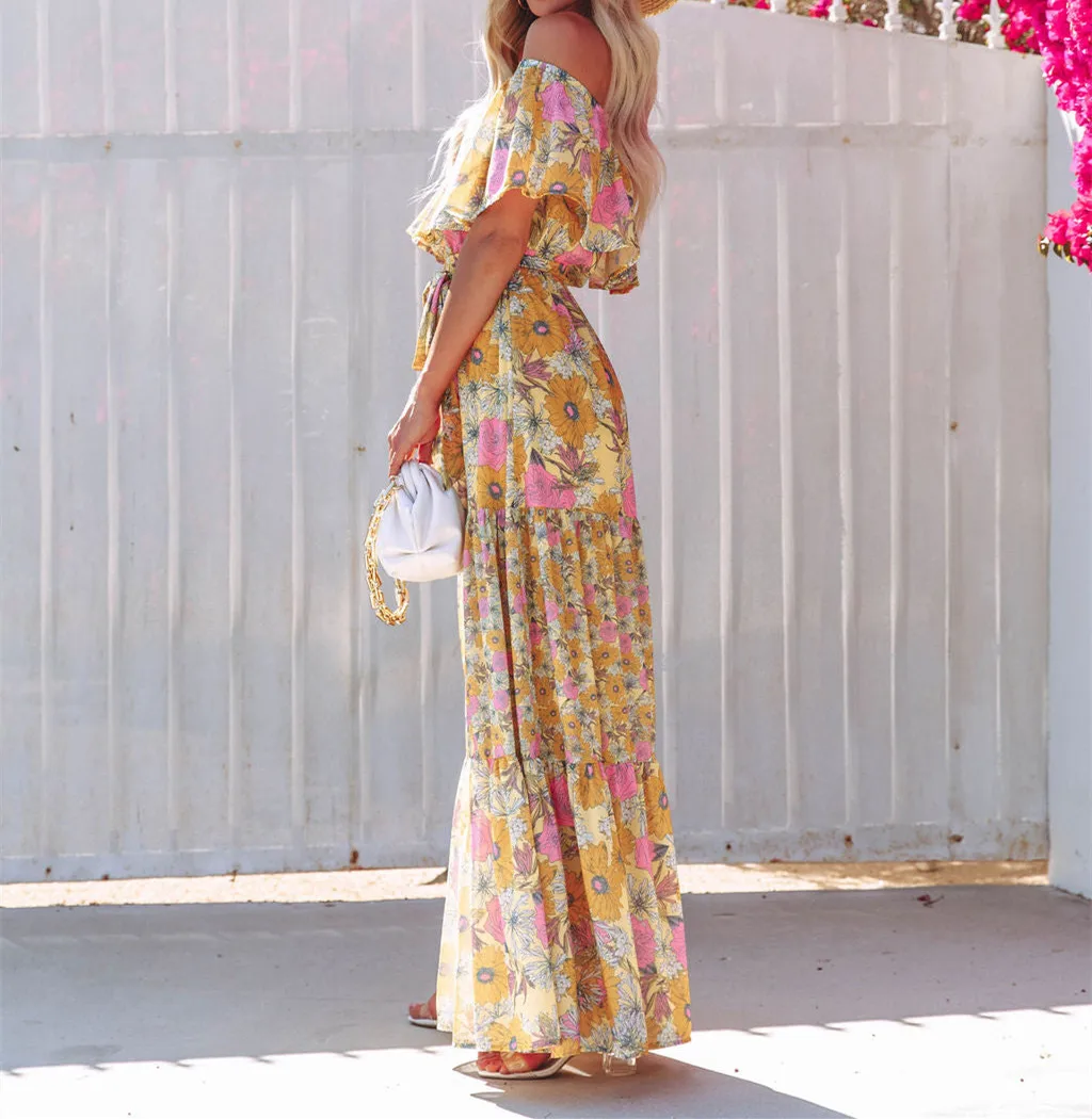 Flower Print Off Shoulder Long Dresses For Women Spring Summer New Fashion Temperament High Waist Leace-up Dress Female Vestidos 12 undefined