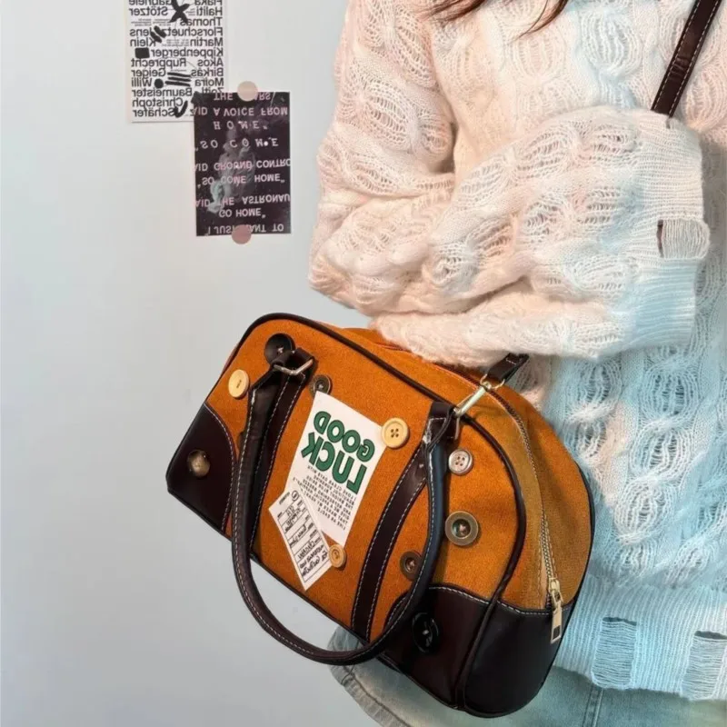 JIAERDI Retro Label Button Design Handbag Women Maroon Patchwork Brown Shoulder Bag Ladies Fashion Cute Boston Crossbody Bag New