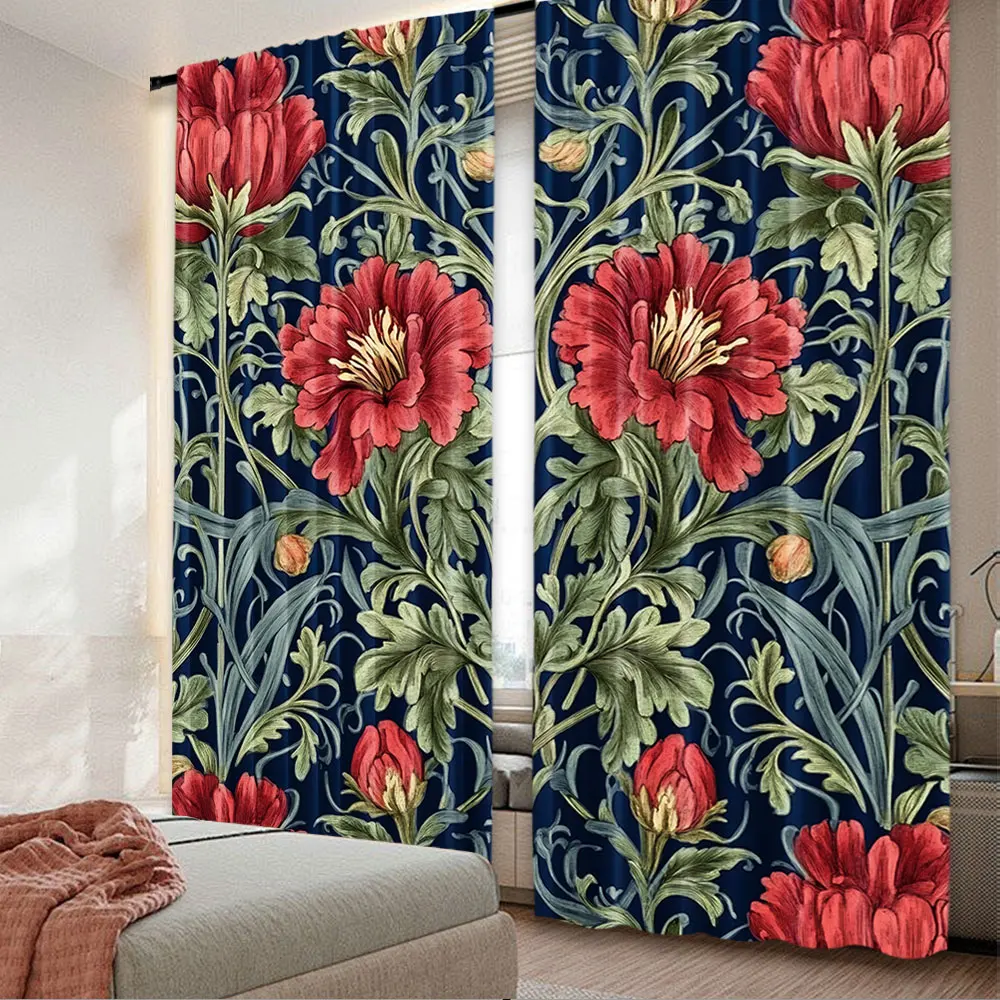 2Pcs Boho Watercolor Floral And Leaves Symmetry Curtain Suitable For Bedroom Kitchen Dining Room Living Room Study Office 2