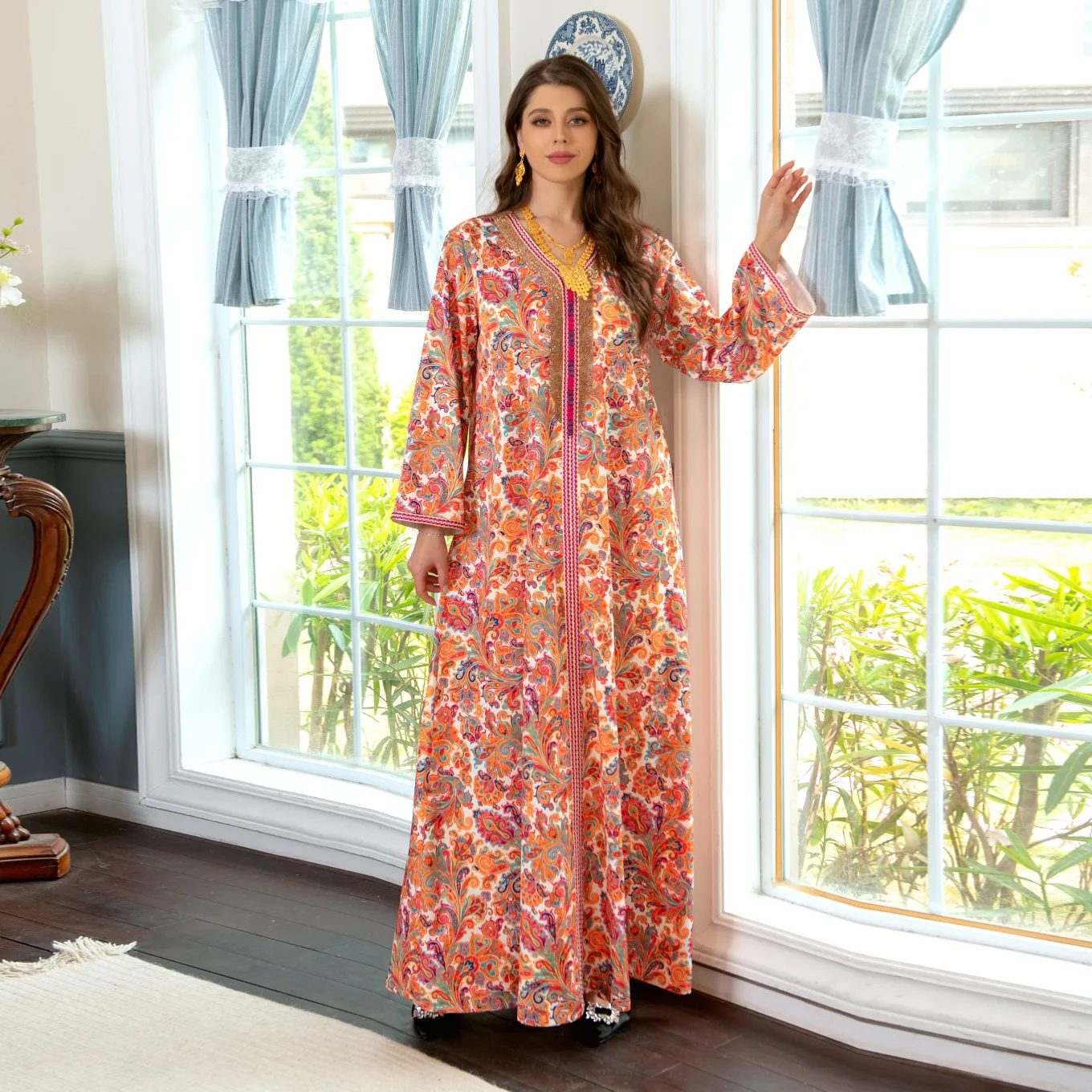 

Fashion Floral Print Muslim Dress Women Dubai Arab Abaya Dubai Arabic Turkey Moroccon Kaftan Islamic Clothing India Gown Robe