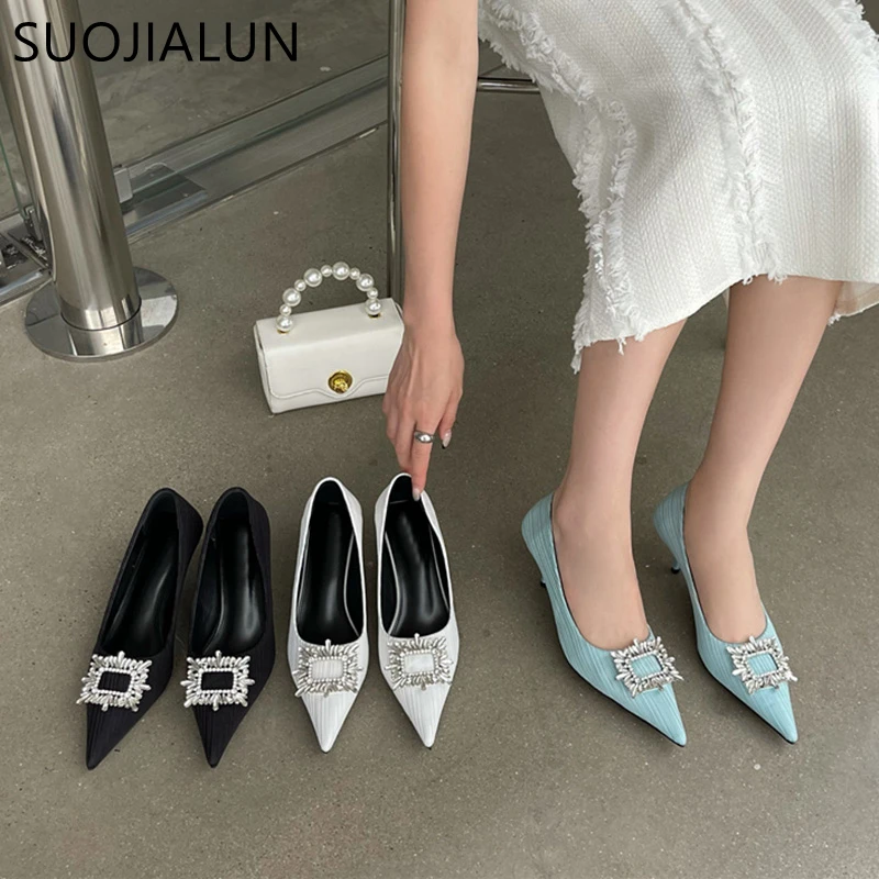 

SUOJIALUN 2023 Spring New Brand Women Pumps Shoes Fashion Square Crystal Pointed Toe Shallow Slip On Dress Pumps Shoes Wedding