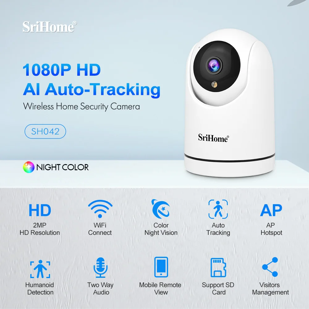 Srihome Wifi IP Camera Full HD PTZ Colorful Night Vision Two Way Audio Baby Monitor Auto Tracking Home Security CCTV Camera srihome sh033 3 0mp wifi ip camera 4ch data base waterproof battery power wireless cam color night vision pir alarm baby monitor