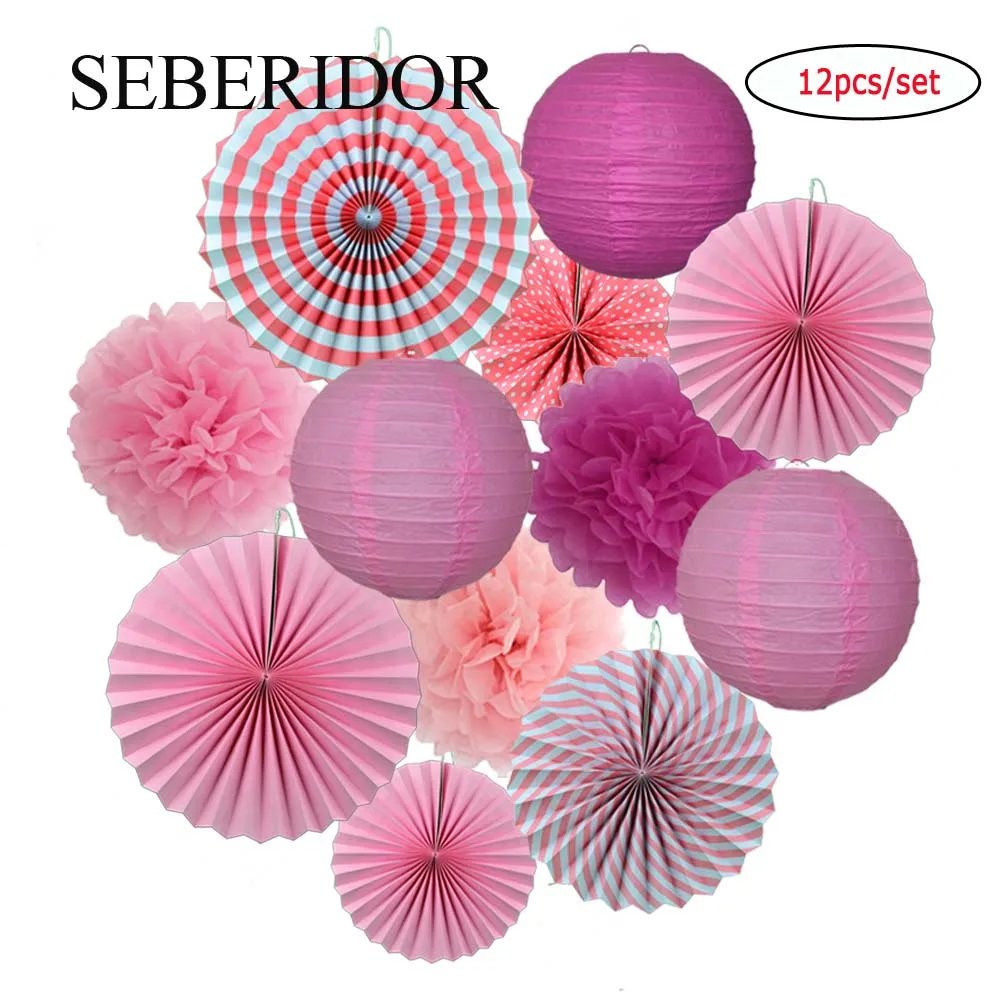 Description Picture 4 of itemPink Blue Purple Set Baby Boy Girl Baptism Party Favor Folding Round Paper Lantern Wedding Ceremony Decor 8" 12" Mixed Size Fans