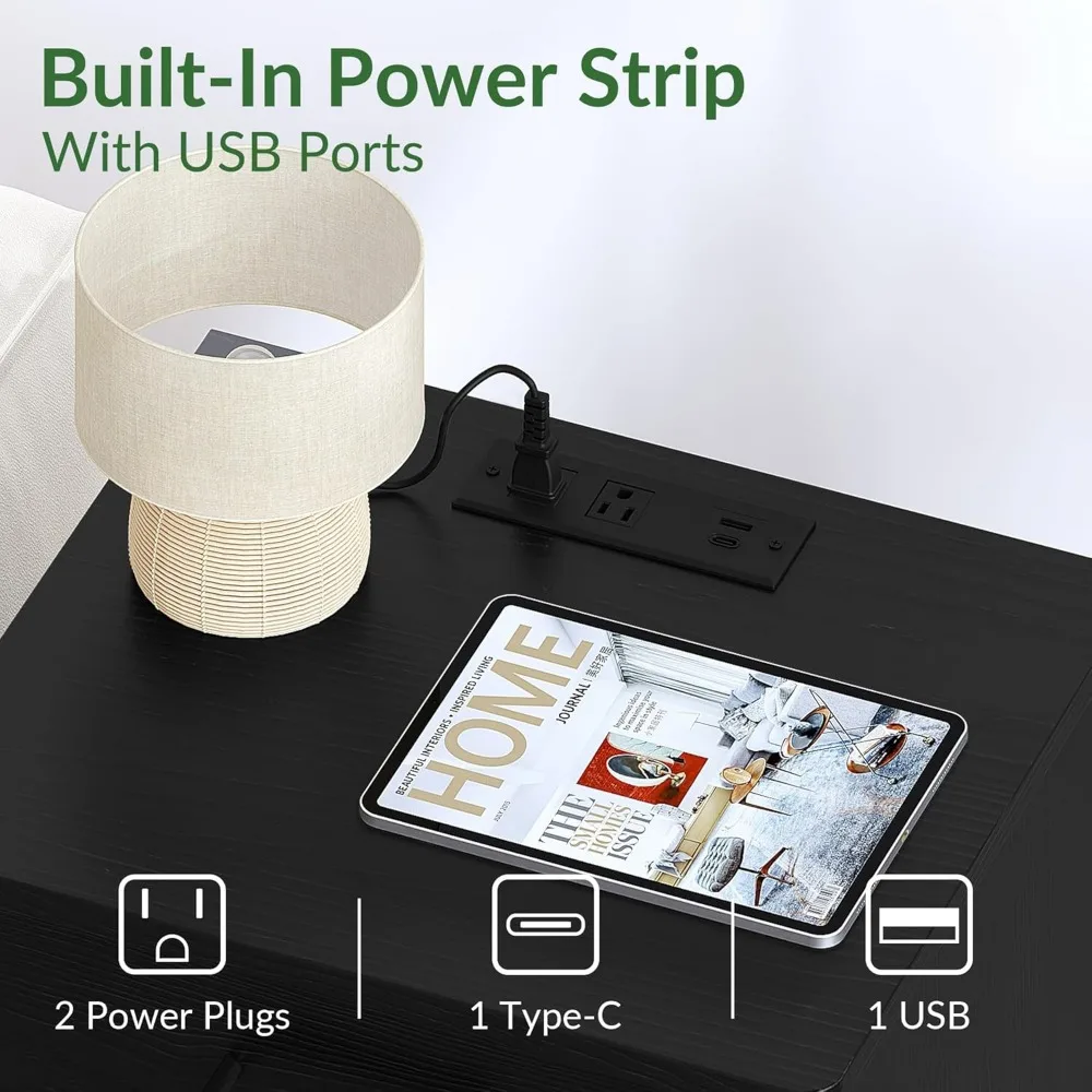 Everyday Side Table with Fast Charging Station - USB C Cable Fast Charging, Wooden Black Nightstand Bedside Table with Drawer 5