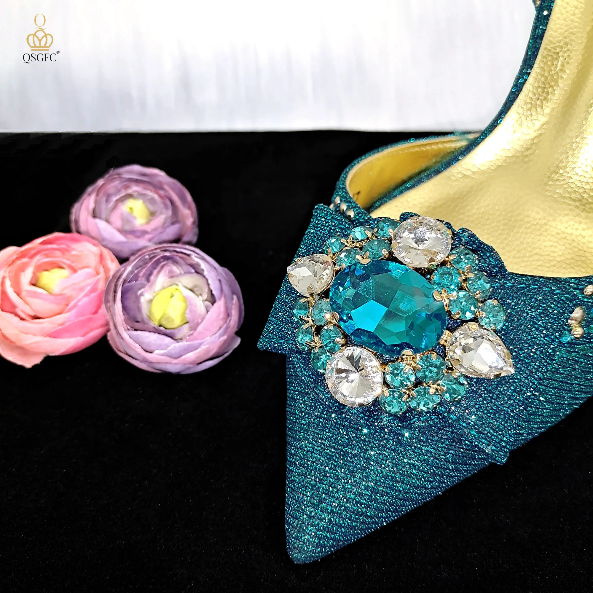 QSGFC Italian Design Noble Dual-Purpose Three-Dimensional Bag And Ladies Heel Shoes Shiny Material For Nigeria Wedding Party