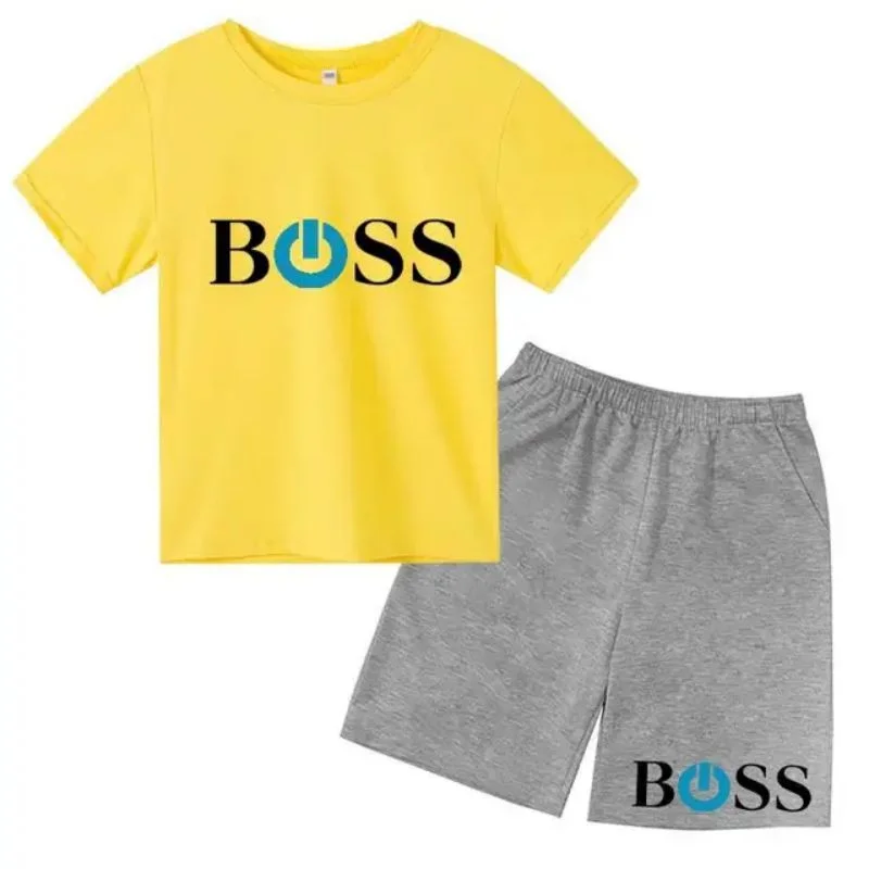 Conjunto de 2 piezas de camiseta de manga corta y pantalones cortos con estampado de letras de marca de verano, traje deportivo informal para niños y niñas, conjunto de moda para niños