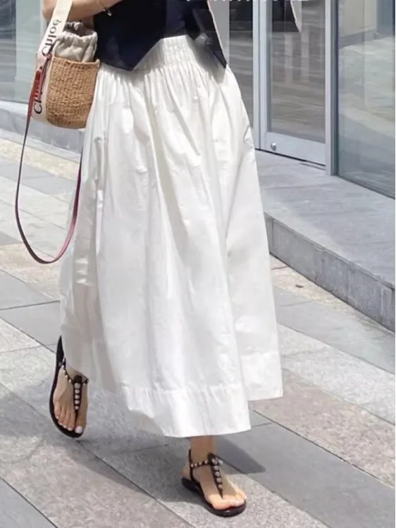 White High Waist A-Line Skirt Women's 2025 New Summer Elastic Waist Loose Slimming Midi Korean Sle f-length Skirt