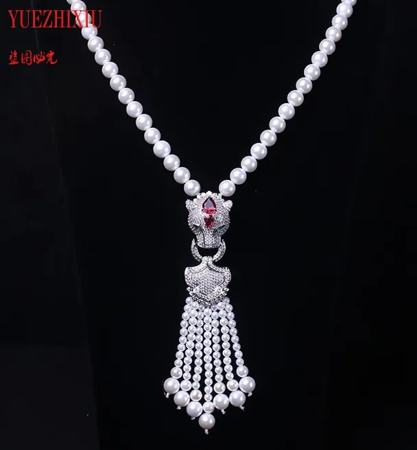 

white 7-8mm pearl jewelry sweater chain necklace fashion jewelry Leopard head inlay zircon tassel sweater chain