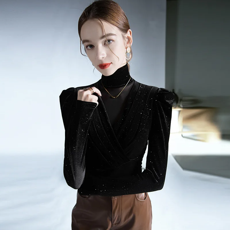 

High Quality 2024 Women Splice Gauze Winter Autumn T-Shirt Female Wrinkle Clothing Sexy Crop Top Clothes Casual Blouse Y2k Girl