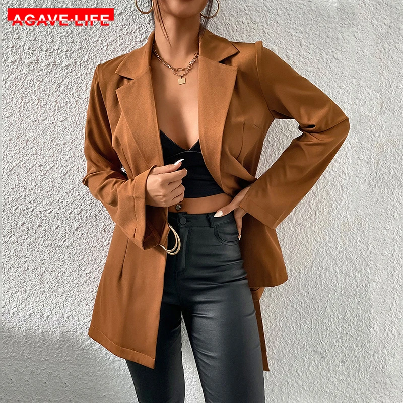 Brown Lace Up Slim Cardigan Blazer Women Streetwear Long Sleeves