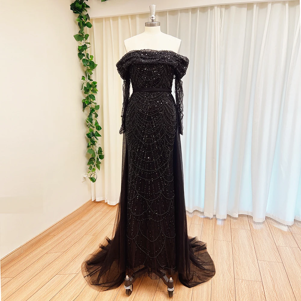 Elegant Sky Blue Mermaid Pearls Evening Dress for Women Long Sleeves with Detachable Train Formal Prom Wedding Party Gowns Mallzona