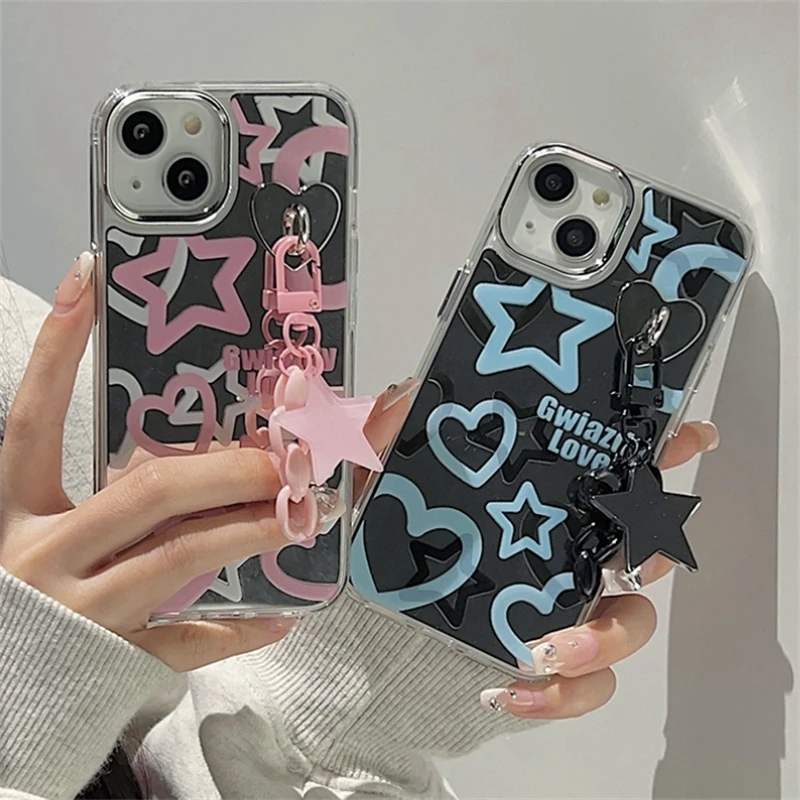 Ins Korea Y2K Stars Pendant Mirror Phone Case For iPhone 14 13 12 Pro Max Cute Cartoon Love