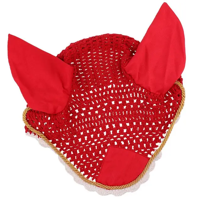 Soft Cotton Hand Crochet Breathable Fly Veil with Ears for Horse Red 6