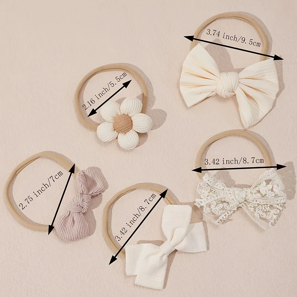 Baby Headband Set - 5Pcs Elastic Apricot Flower Bow Nylon Hair Accessories for Infants and Toddlers