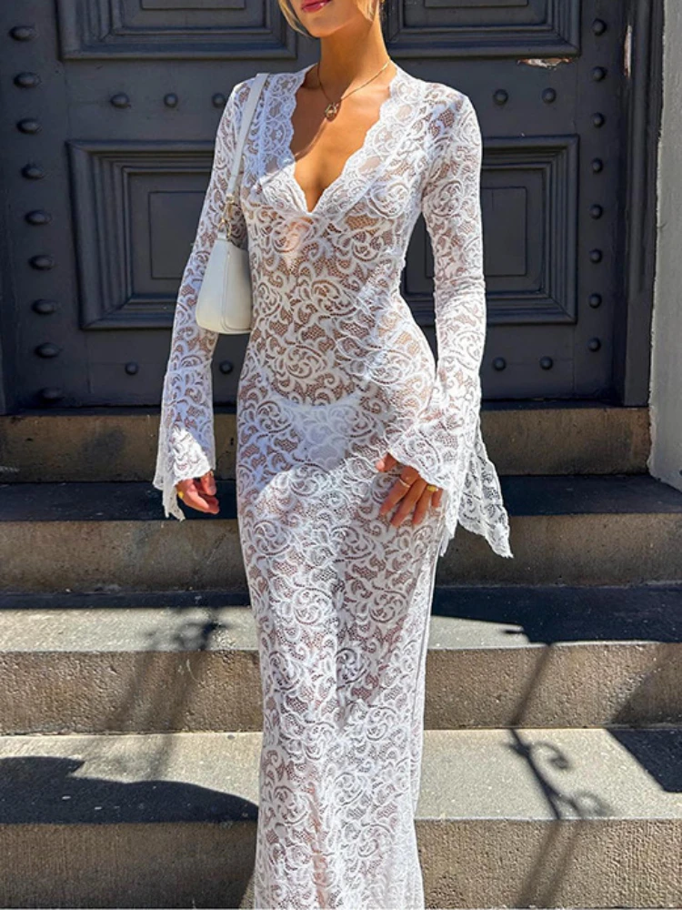 2024 New Street Elegant White Lace Dress Women V-neck Flare Sleeve Long Dress  Sexy Transparent Long Sleeve Bodycon Maxi Dresses - AliExpress
