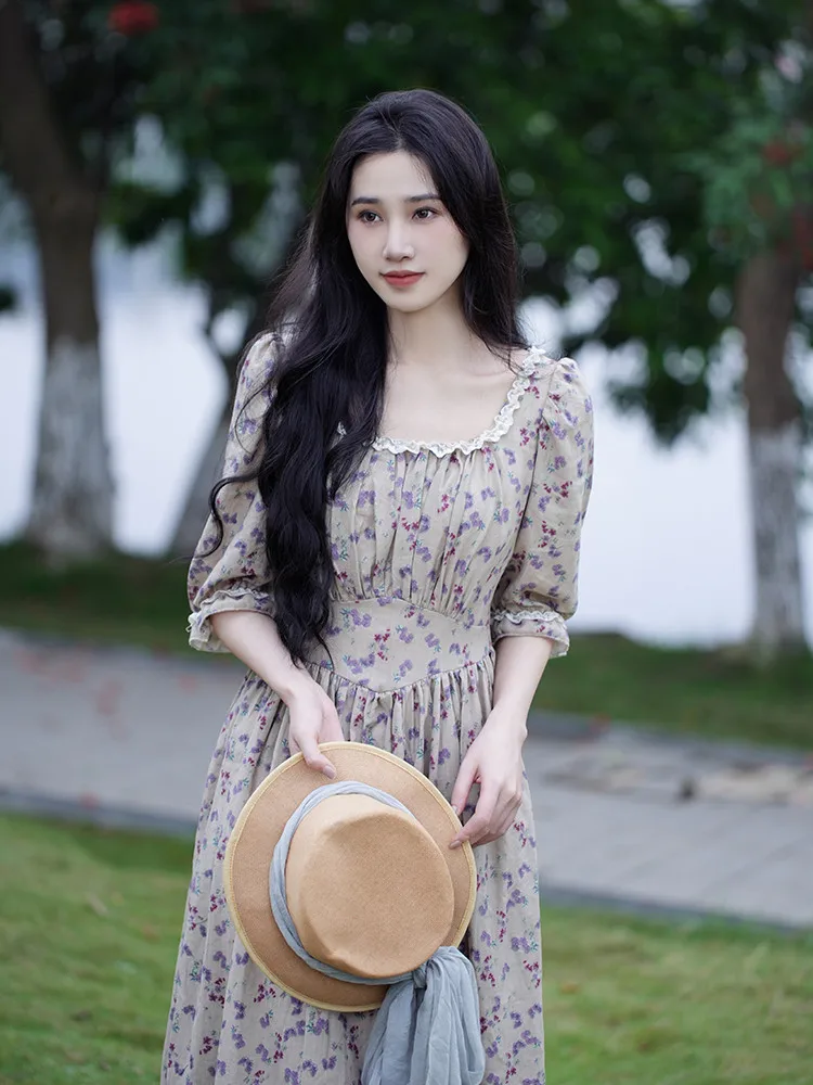 

AIGYPTOS SpringSummer Maxi Dress For Women Vintage Elegant Slim Half Sleeve Floral Long Dress Country Style Sweet Princess Dress
