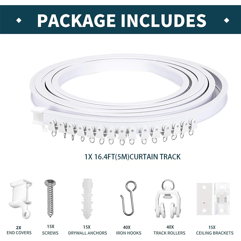 Flexible Bendable Ceiling Curtain Track Kit Durable Plastic With Multiple Hooks