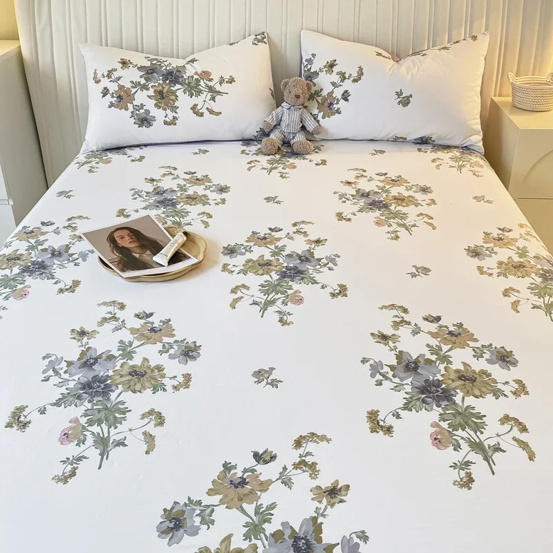 Pure Cotton Printing Fitted Sheet Luxury Mattress Cover Double Queen Size Elastic Band Bed Sheet 160x200 180X200 Fit Sheet 3