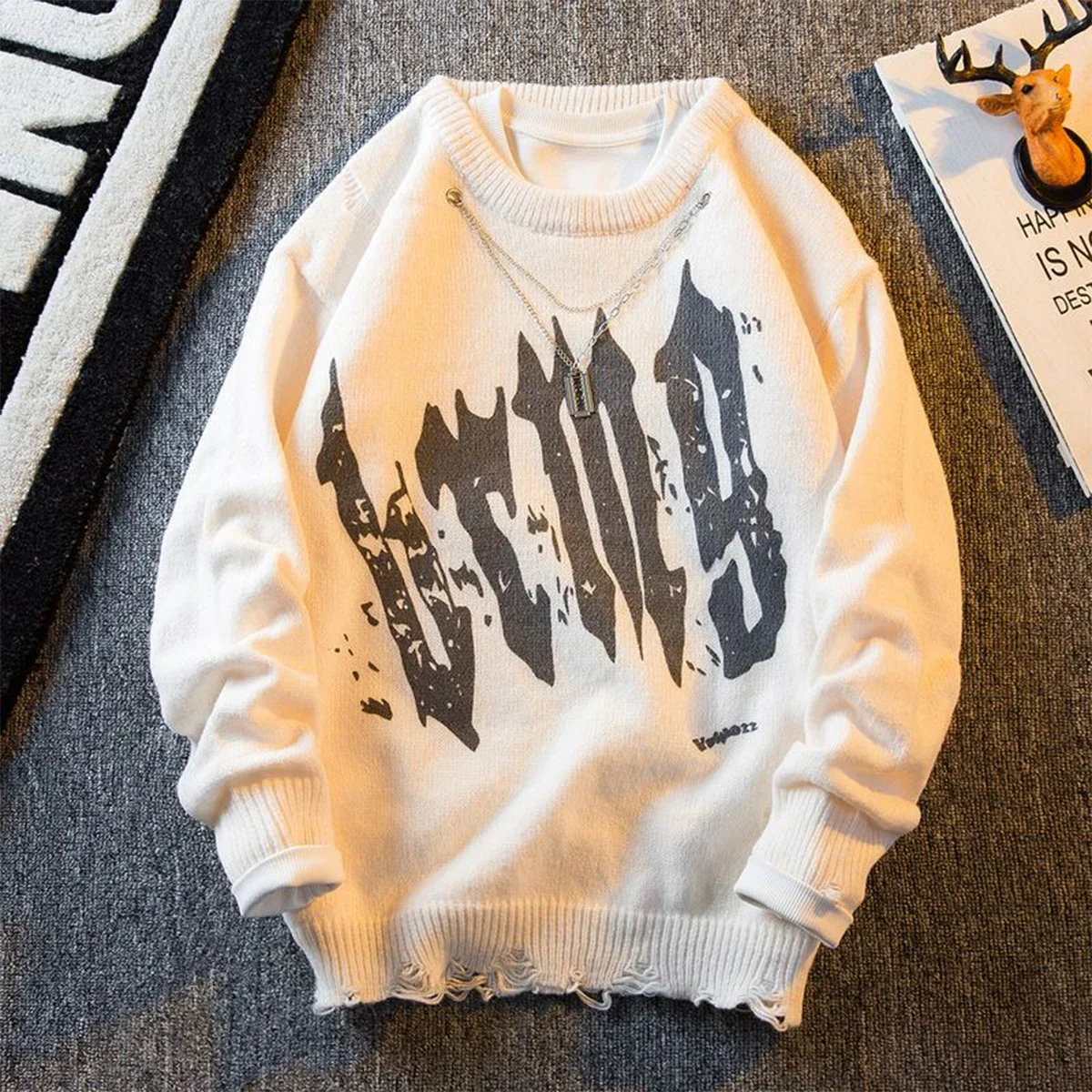 American Style High Street Ins Necklace Design Sense Niche Sweater Men and Women Trendy Round Neck Loose Knit Shirt Top Clothes