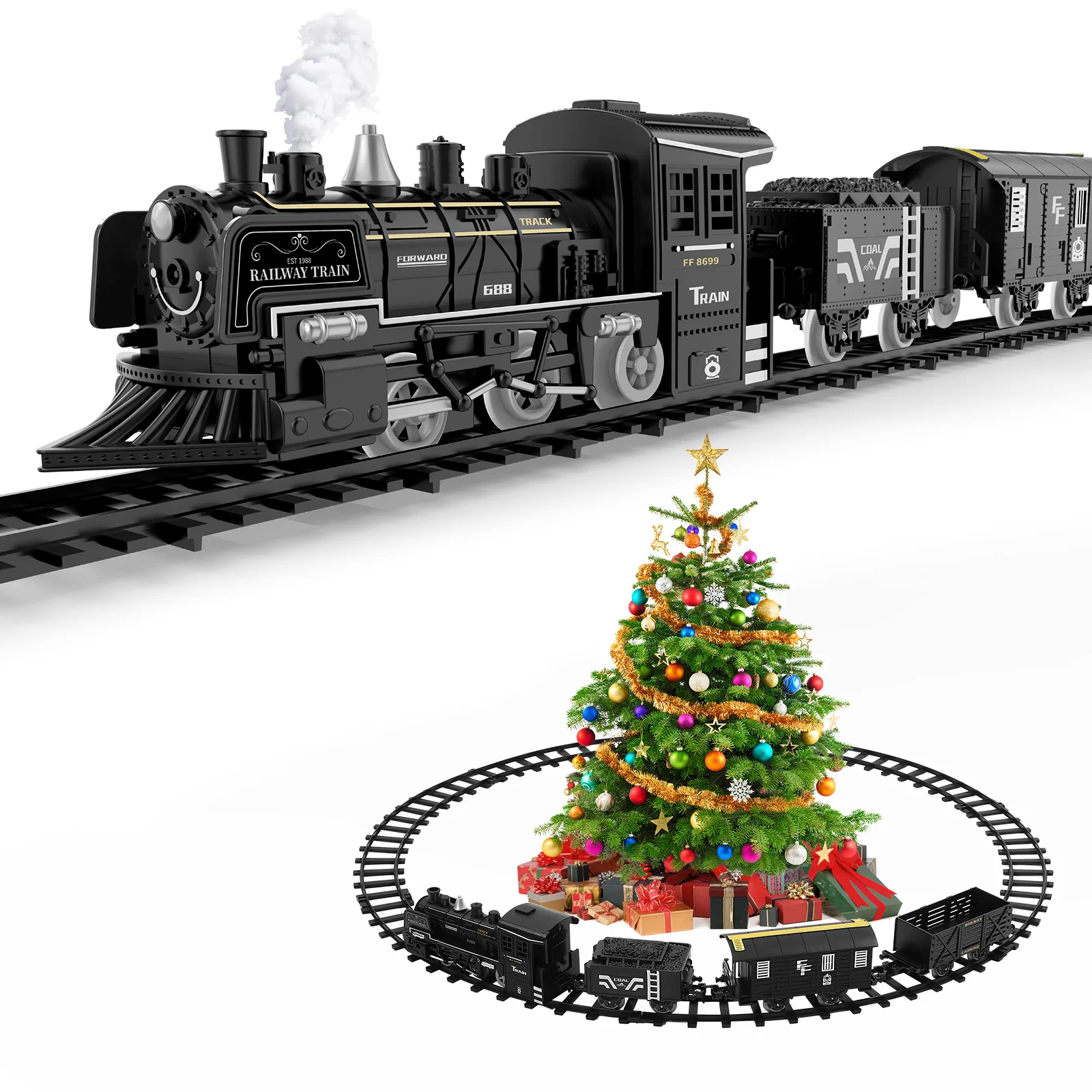 Toyvian Christmas Train Set Electric Train Toy with Sound Light Railway Tracks for Kids Gift Under The Christmas Tree