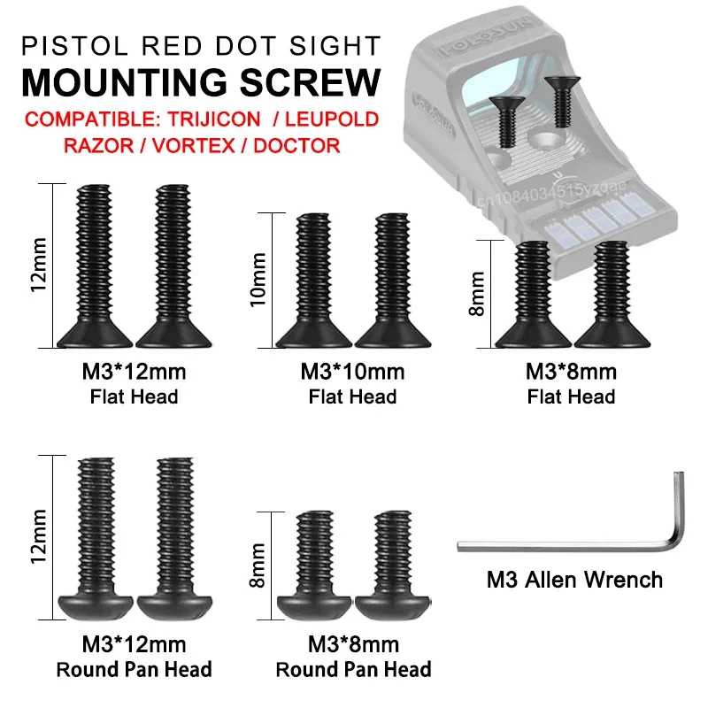 Tactical Pistol Red Dot Sight M3 Mounting Screw Kit M3&times;8/10/12mm Compatible R R/Leupold/Razor/Vortex Venon/Viper/Doctor red dot sight