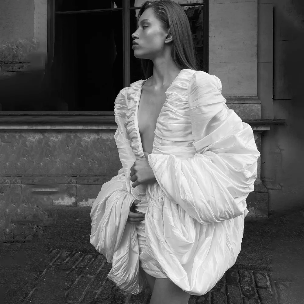 LSYX Customized White Deep V Neck Ruched Dress Exaggerated Puff Sleeve Backless Party Outfit Fashion Event Attire Gala Outfit