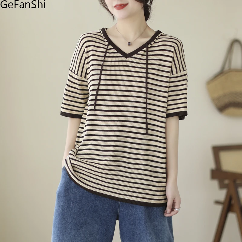 

Женская толстовка с капюшоном, Повседневная Свободная футболка в полоску с коротким рукавом и V-образным вырезом, большие размеры, лето 2023