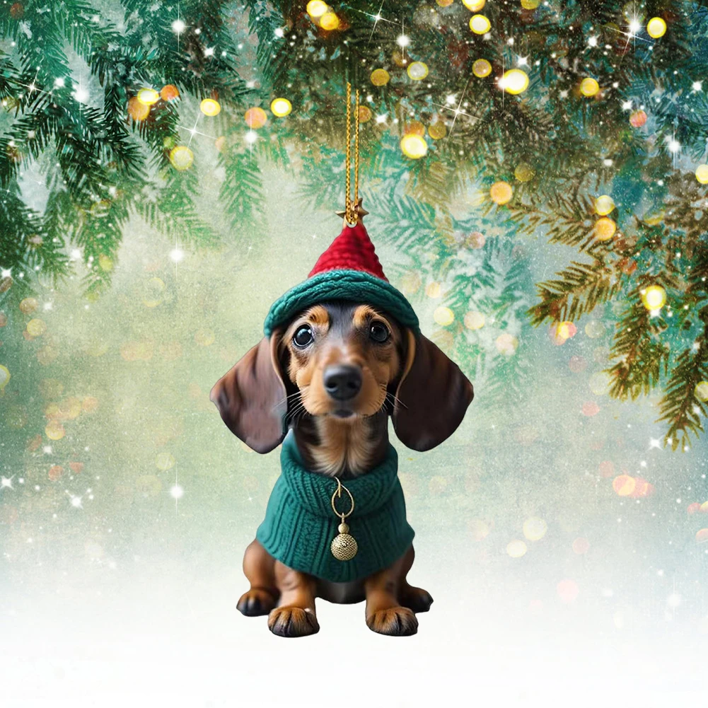 Christmas Cute Dog Pendant Acrylic Dog Figurines Decor Funny Puppy Pendant Xmas Tree Backpack Car Interior Decor