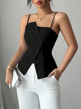 Womens Cami Top Thin Strap Asymmetric Button Cami Top Button Blazer Vest Fit Elegant Chic Apparel Tops Spring Summer Daily Shirt 1