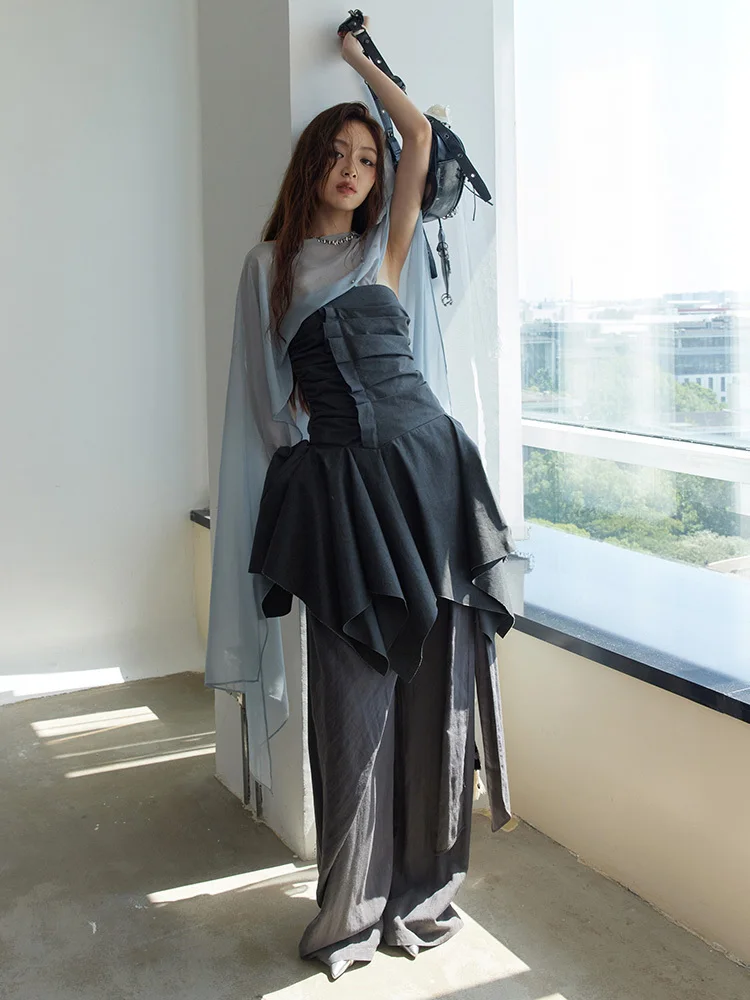 [EAM] High Elastic Waist Gray Ruffles Irregular Bandage Wide Leg Pants New Trousers Women Fashion Tide Spring Autumn 2026 1DJ281