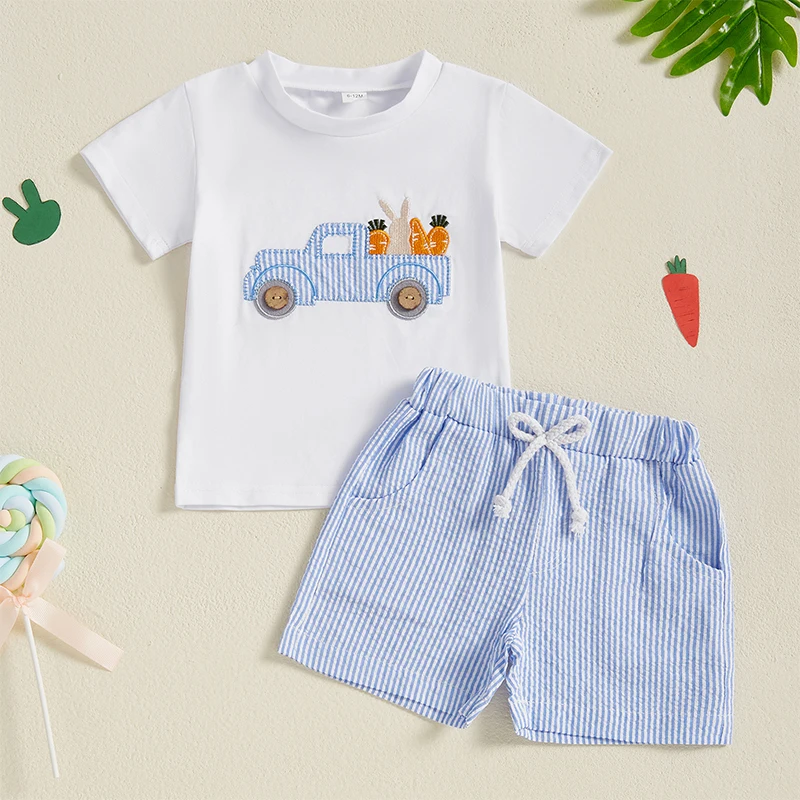 Boys Easter Outfit Summer Clothes Carrot Cart Short Sleeve T-Shirt Plaid Shorts Set Cute Toddler Baby Boy Easter Outfit 2