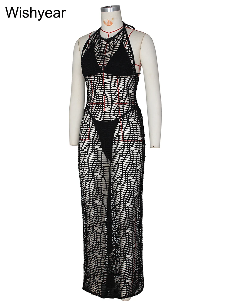 Sexy Sommer Strand häkeln gestrickt figur betontes Kleid einfarbig aushöhlen Hals montiert rücken freie Maxi Vestidos Urlaub Outfits – Detail 5